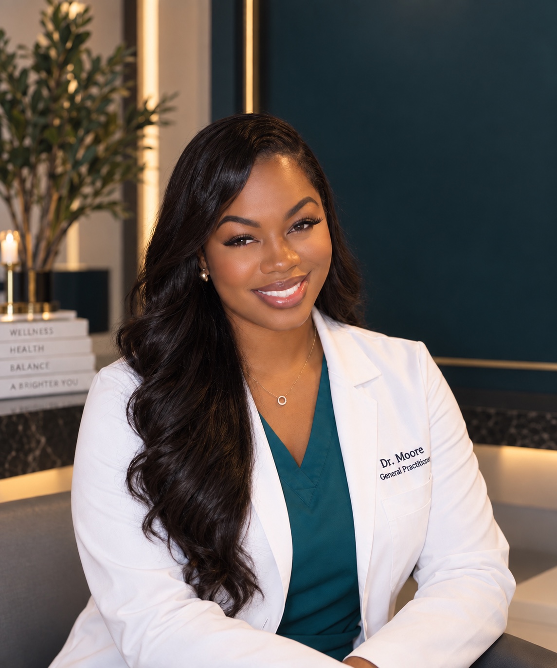 Dr. Masania Moore in her white coat and teal scrubs